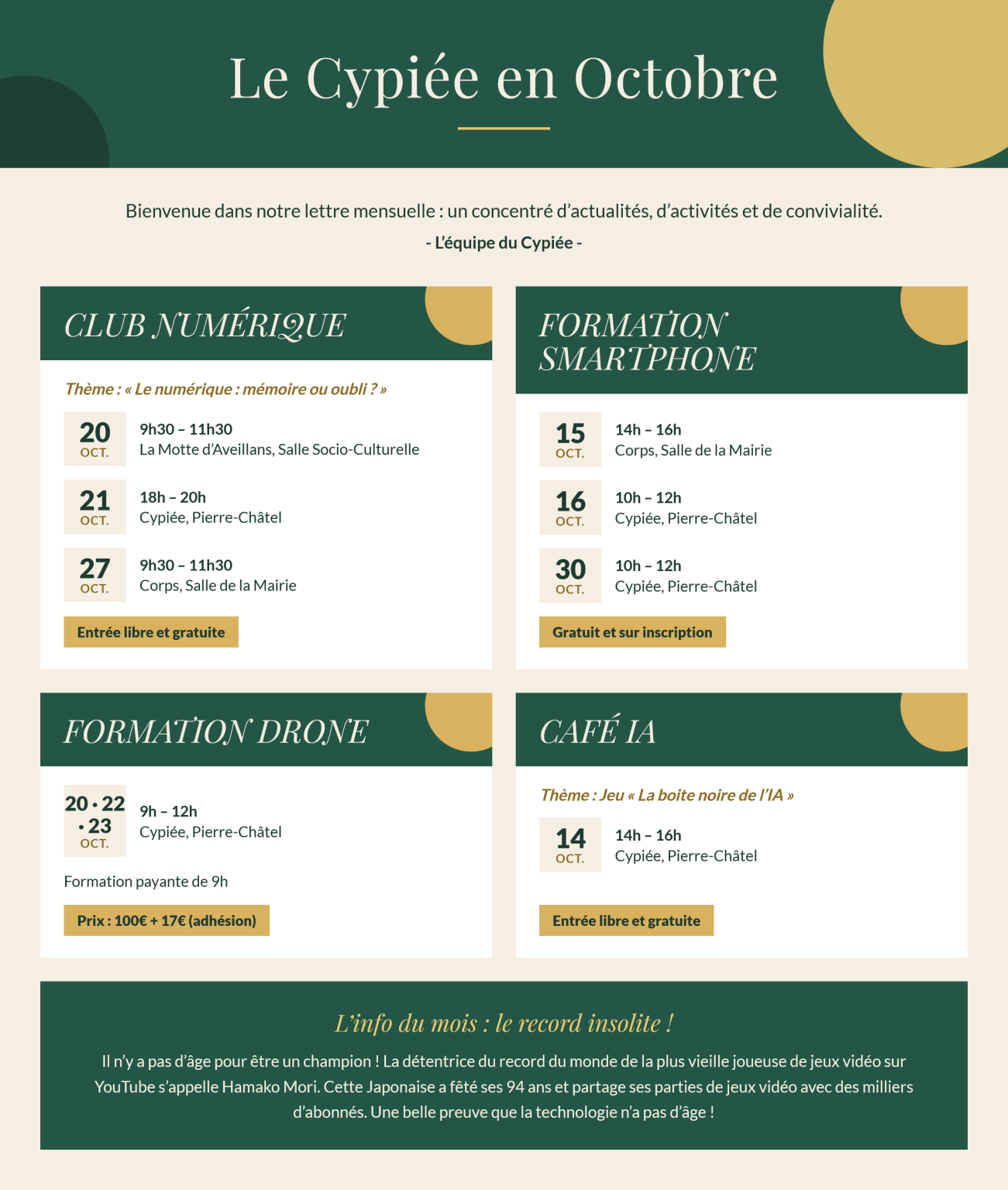 Programme du Cypiée pour le mois d'octobre 2026